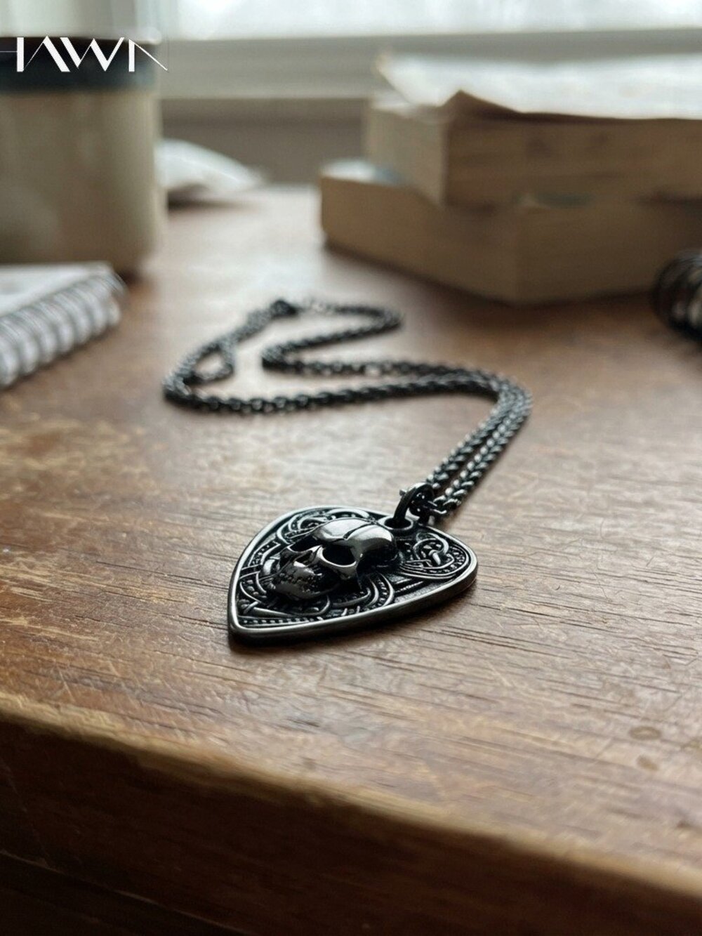 Mens Guitar Pick Skull Pendant Necklace